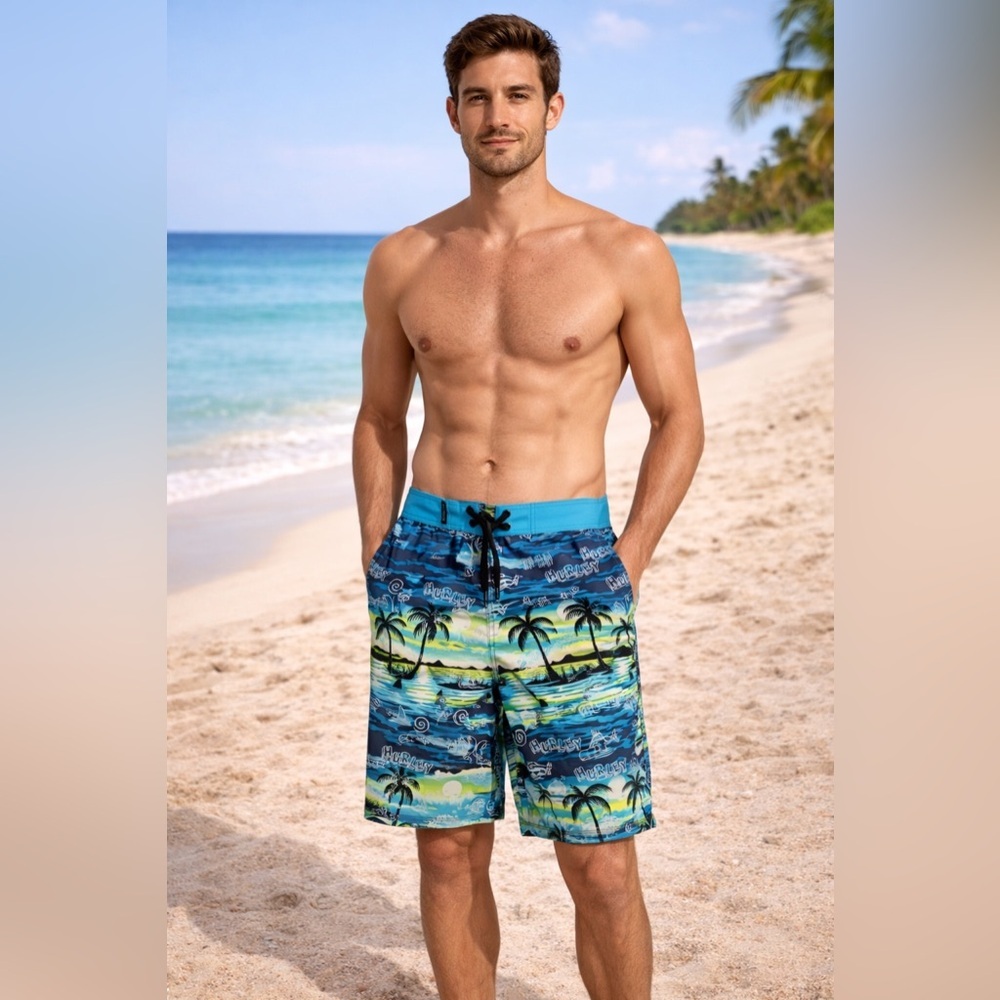Hurley Men's Tropical Print Shorts - Blue‎ and Green -Size 29 NWT